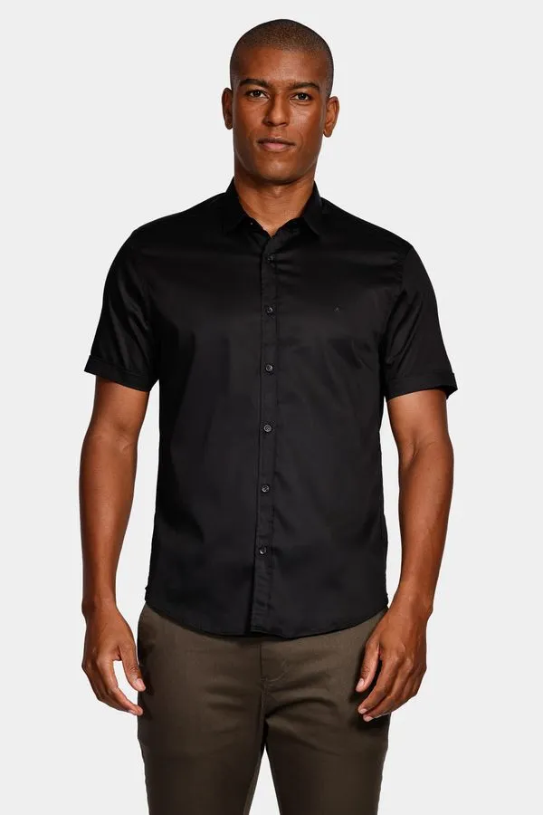 Camisa Manga Curta Super Slim Cetim Com Elastano Preto - G