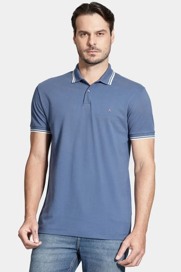 Polo Manga Curta Gola 2 Frisos New Azul Jeans - GG