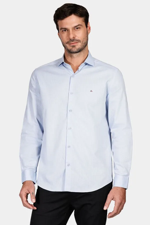 Camisa Manga Longa Regular Tricoline Maquinetado Fio 40 Azul - P