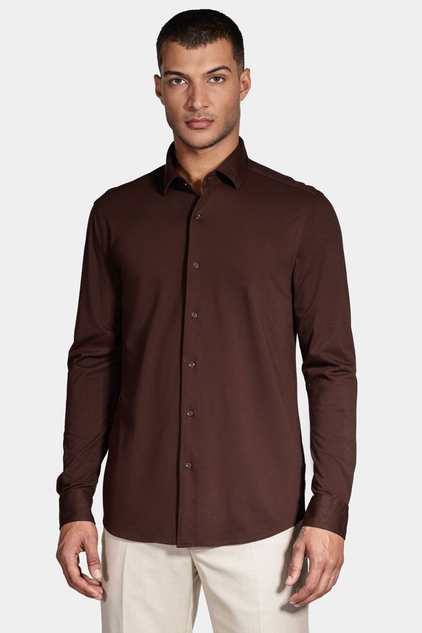Camisa Manga Longa Slim Piquet de Malha Café - M