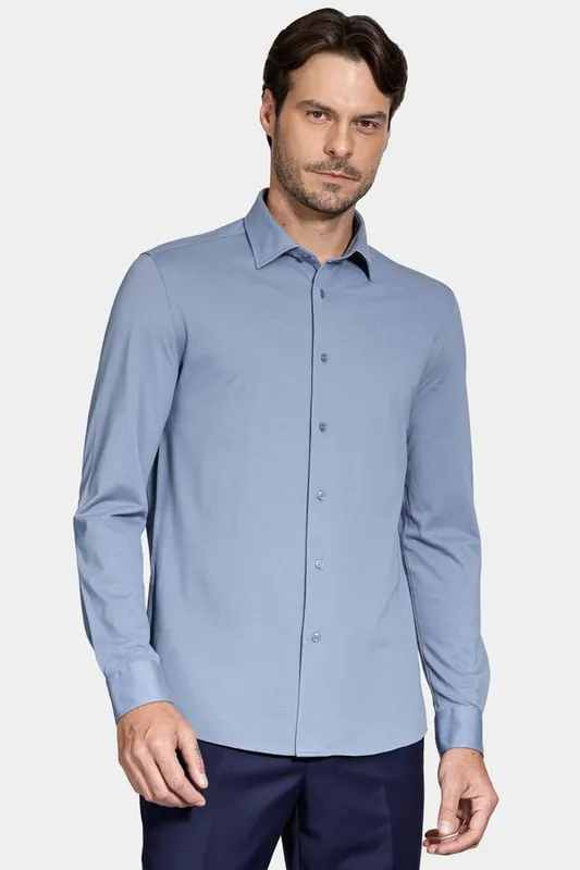 Camisa Manga Longa Slim Piquet de Malha Azul Médio - XGG