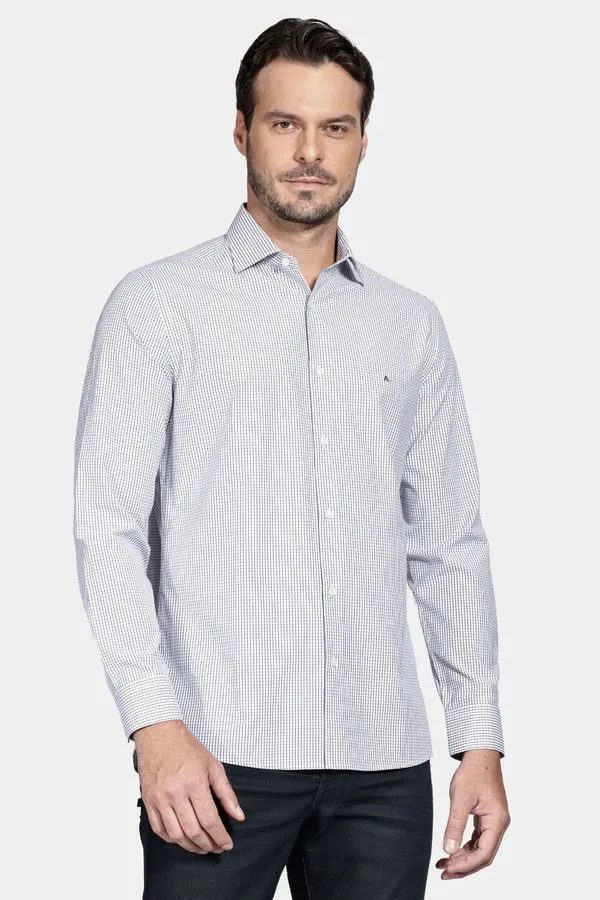 Camisa Manga Longa Slim Algodão Quadriculado Branco Com Preto - G
