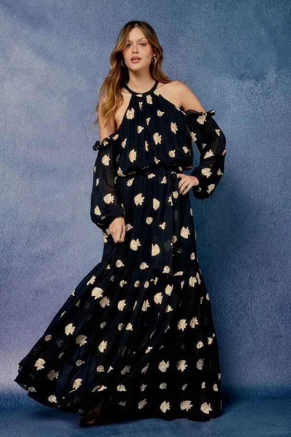 VESTIDO LONGO BORDADO LOTUS COM FAIXA PRETO - 42