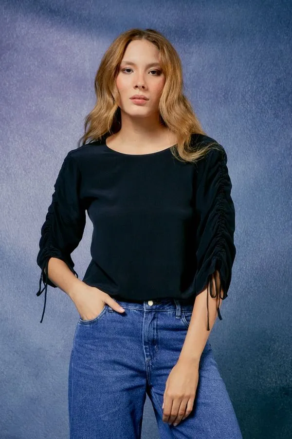 BLUSA MANGA FRANZIDA SEDA PRETO - 38