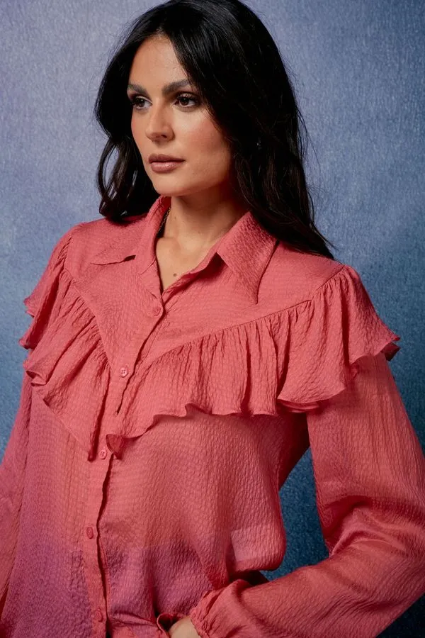 BLUSA BOTÕES BABADOS SEDA ROSA - 36