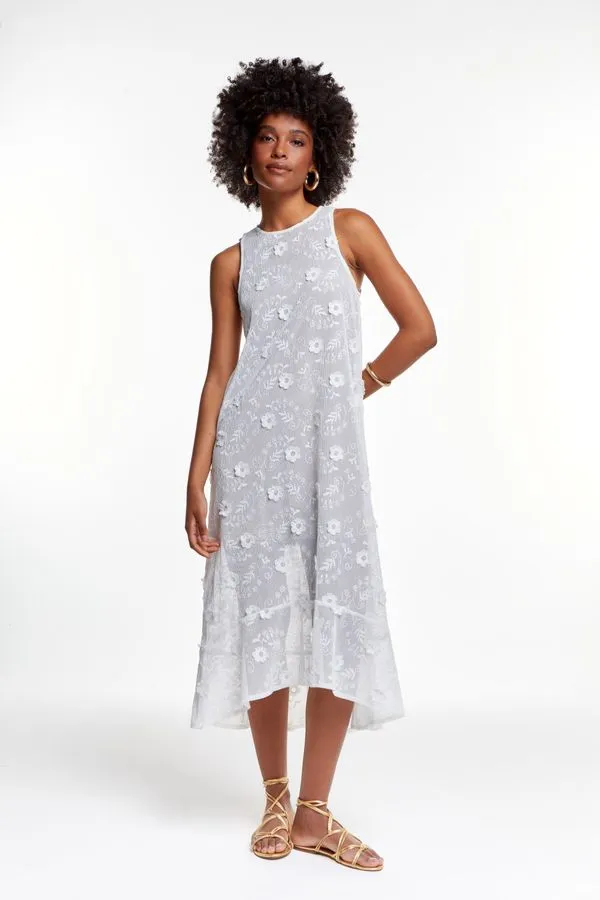 VESTIDO RENDA FLORAL OFF WHITE - G