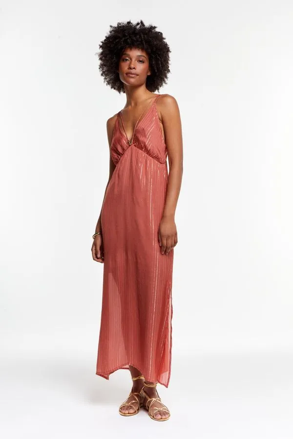 VESTIDO METAIS DECOTE LUREX TERRACOTA - 42
