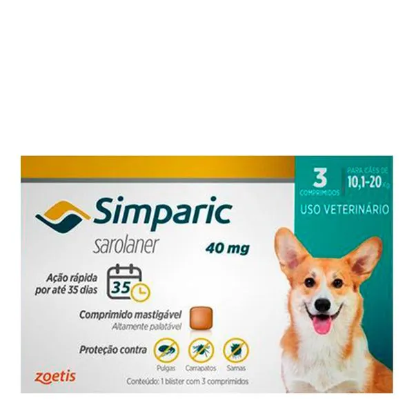 Simparic Antipulgas Para Cães De 10,1 A 20Kg 40Mg Cx Com 3 Compr