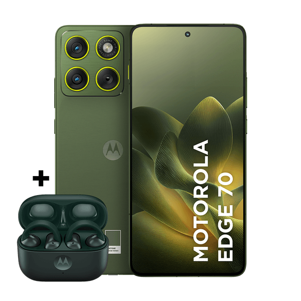 Kit smartphone motorola edge 70 256GB e fone moto buds loop 24GB (8GB RAM + 16GB RAM Boost), Ultrafino, 3 cameras 50MP e tela extreme Amoled 120hz - Bronze Green