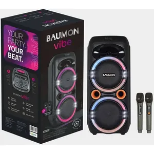 Caixa de Som Bluetooth Portátil Baumon Vibe com LED 2 Microfones Sem Fio e Bateria 3000mAh Preto e Rosa FG206-17