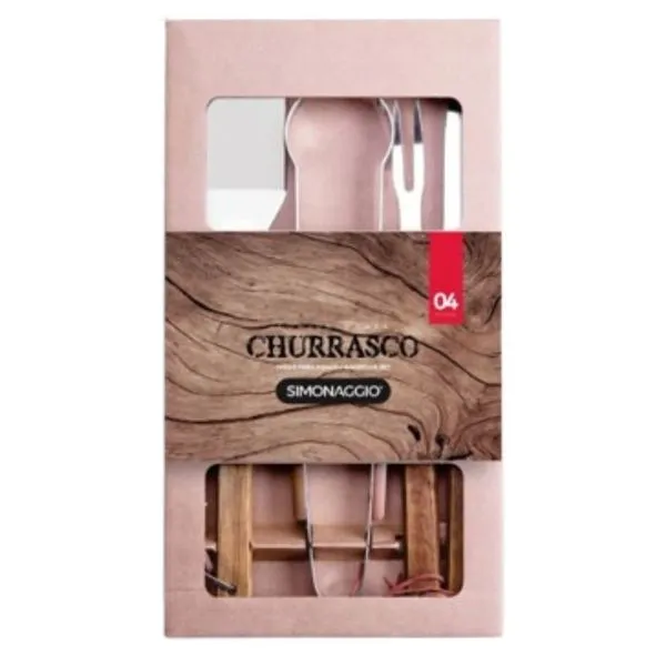Conjunto De Talheres Para Churrasco Simonaggio 4 Peças Inox Cabos Madeira Natural (MP)