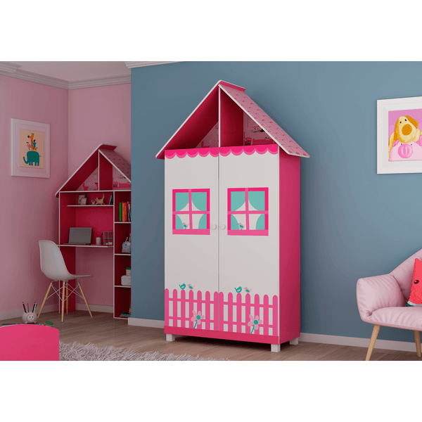 Guarda-Roupas Infantil, 2 Portas, 2 Prateleiras, 2 Gavetas, MDF - Gelius Casinha Pink Ploc / Branco Acetinado