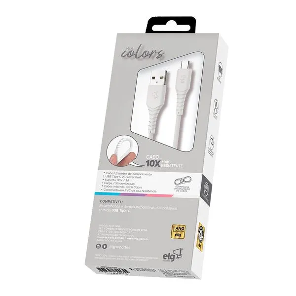 Cabo 3A USB tipo-c 1,2M branco elg TC12W