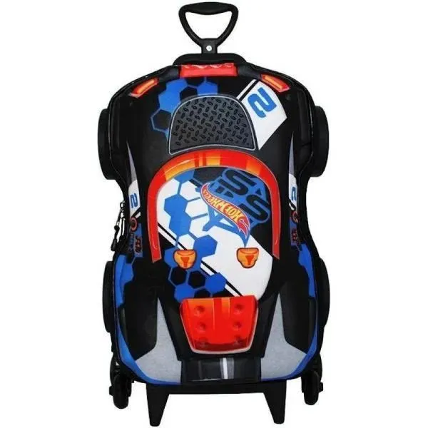 Mochila Rodinha 3d Escolar Infantil Menino Carro Maxtoy Hot Wheels Terrain Storn Preto
