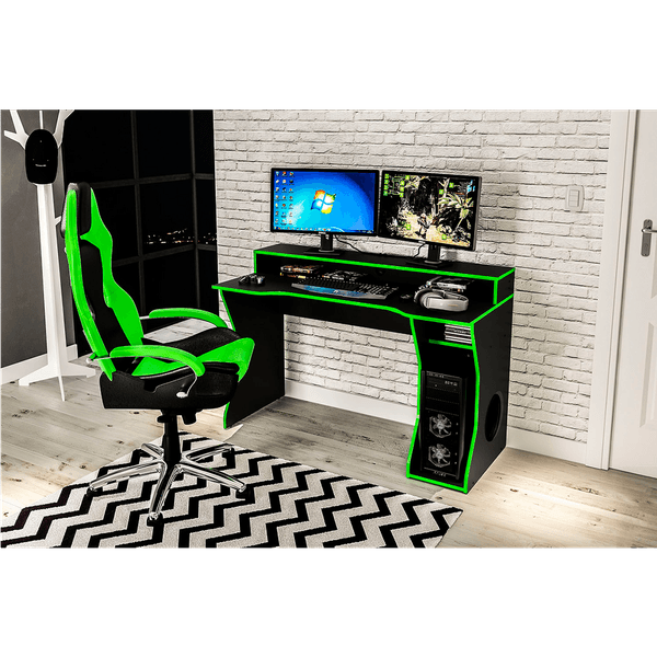 Mesa Gamer para Computador em MDP, 1 Prateleira, 1 Nicho - Fremont Preto / Verde