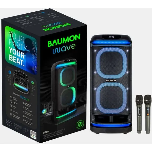 Caixa de Som Bluetooth Portátil Baumon Wave com LED 2 Microfones Sem Fio Bateria 3000mAh Preto e Roxo PA809