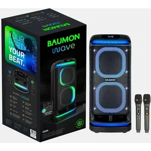 Caixa de Som Bluetooth Portátil Baumon Wave com LED 2 Microfones Sem Fio Bateria 3000mAh Preto e Roxo PA809