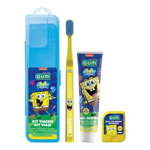 Kit Gum Bob Esponja Escova Dental Macia + Fio Dental Menta 20m + Gel Dental 50g Cores Sortidas