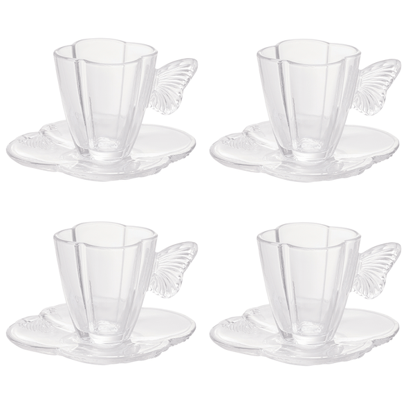 Conjunto de Xícaras de Chá Com Pires Butterfly Wolff 4 Peças 180ml Vidro