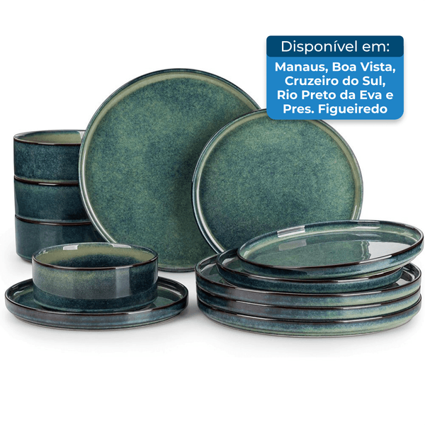 Conjunto de Pratos e Tigelas 12 Peças Estrelados Cerâmica Verde A-BI