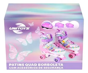 Patins Quad Borboleta Rosa Tam 30-33 c Acessórios Unitoys