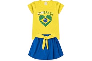 Conjunto Brasil Infantil Menina Amarelo Blusa e Shorts Saia com Amarração Copa do Mundo