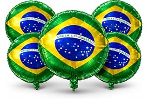 Balão Bandeira do Brasil 18" 45cm Metalizado Kit 5 Unidades Decoração Copa do Mundo Festa Futebol Verde Amarelo