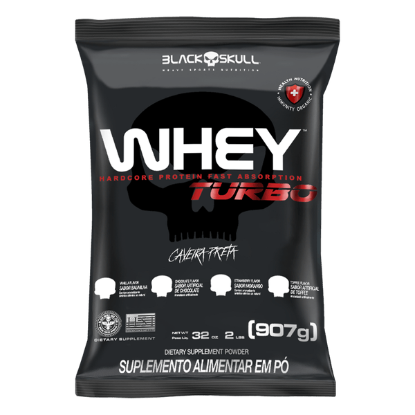 Suplemento Proteico Pó Chocolate Caveira Preta Black Skull Whey Turbo Pacote 907g Refil