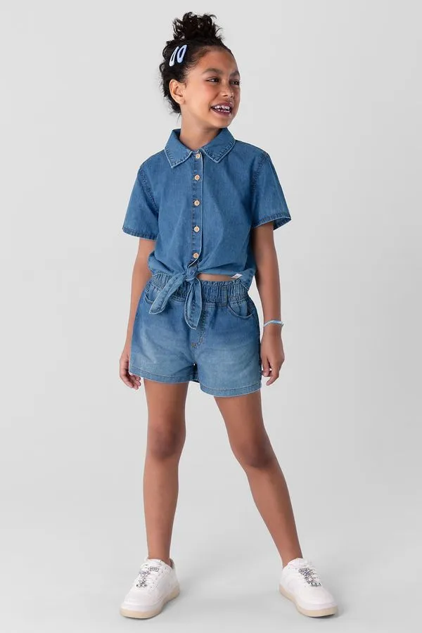 Camisa cropped em jeans leve infantil menina Brandili - 18