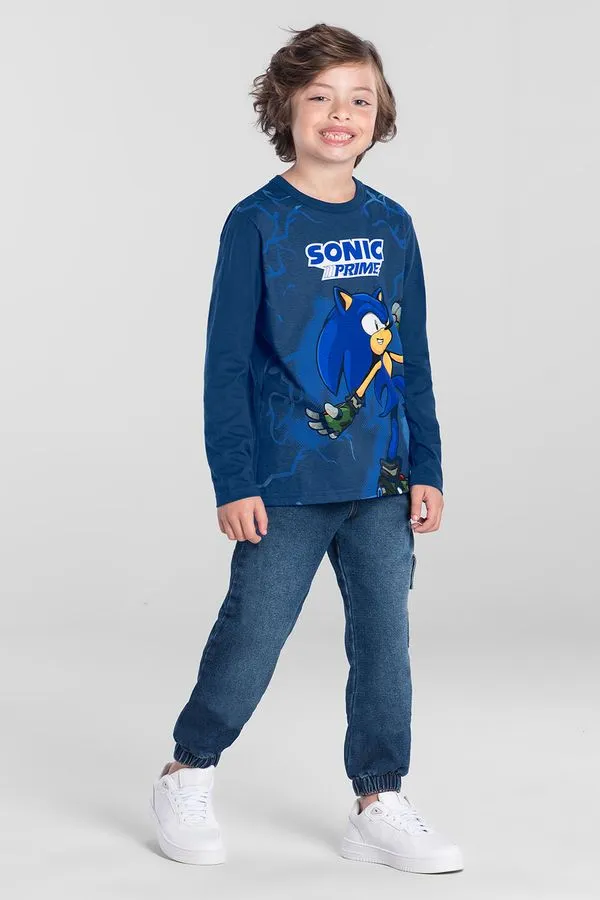 Camiseta infantil menino Sonic metalizada Brandili - 4