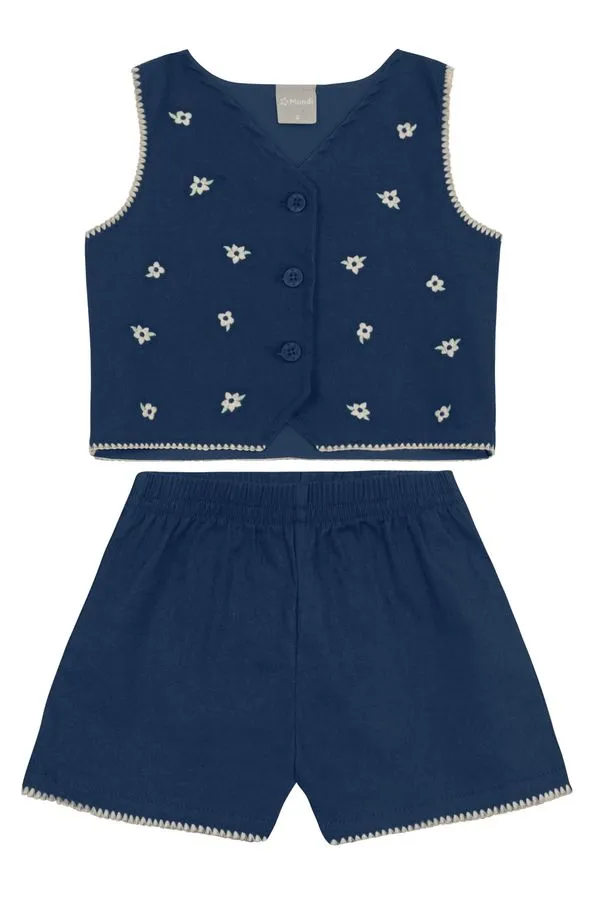 Conjunto infantil menina colete bordado Mundi - 1