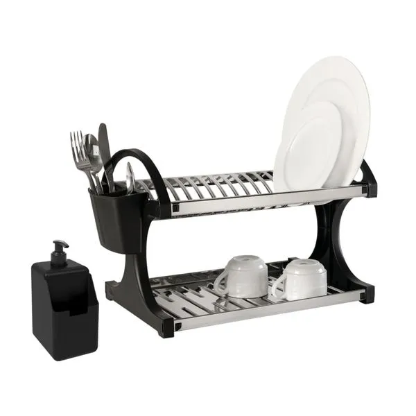 Escorredor de Louças Brinox Suprema 16 Pratos em Aço Inox com Dispenser Preto ESCORREDOR 16 PEÇAS CABO PLASTICO + DISPENSER PRETO