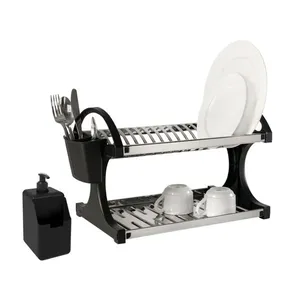 Escorredor de Louças Brinox Suprema 16 Pratos em Aço Inox com Dispenser Preto ESCORREDOR 16 PEÇAS CABO PLASTICO + DISPENSER PRETO