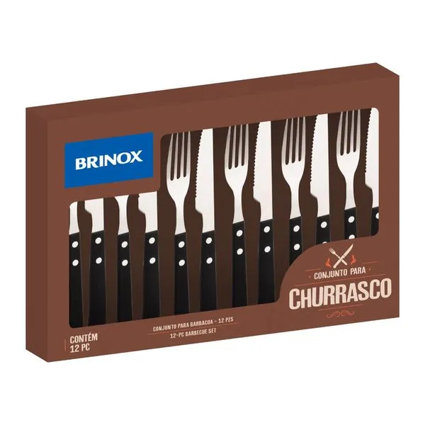 Jogo De Talheres Para Churrasco 12 Peças Aço Inoxidável Linha Churrasco da Brinox Preto