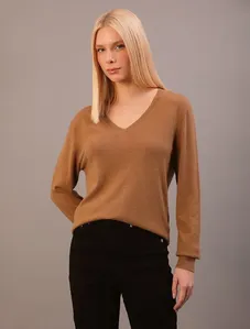 Suéter Calvin Klein Feminino Manga Longa Gola v Com Lã - Havana Suéter Calvin Klein Feminino Manga Longa Gola v Com Lã Havana m