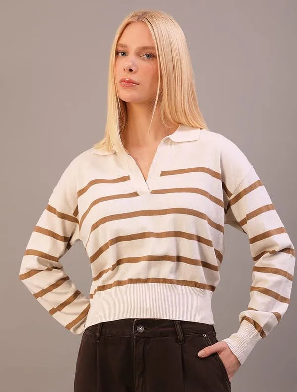 Suéter Calvin Klein Jeans Feminino Manga Longa Listrado Gola Johnny - Areia Suéter Calvin Klein Jeans Feminino Manga Longa Listrado Gola Johnny Areia p