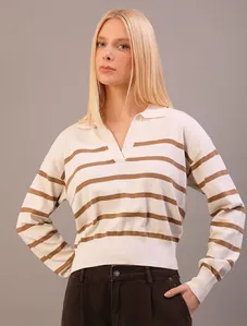 Suéter Calvin Klein Jeans Feminino Manga Longa Listrado Gola Johnny - Areia Suéter Calvin Klein Jeans Feminino Manga Longa Listrado Gola Johnny Areia p