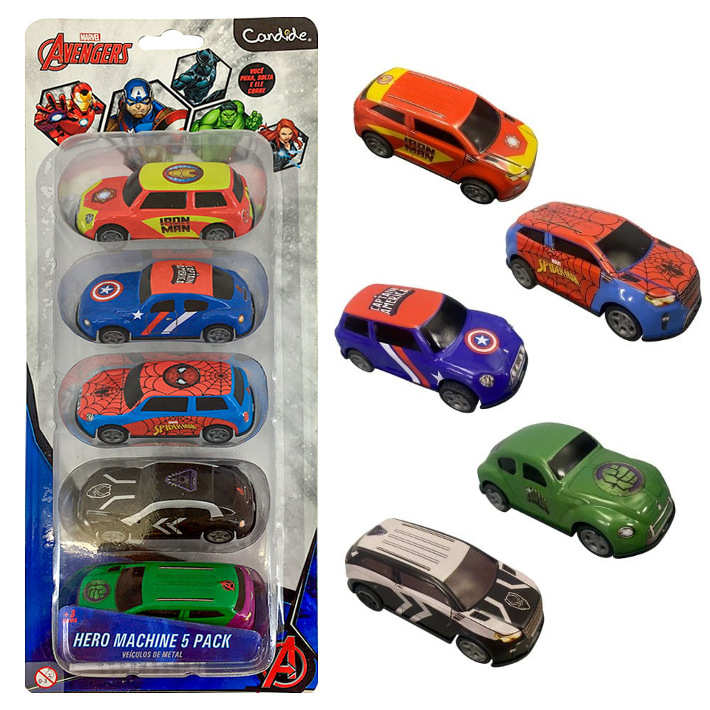 Kit com 5 Mini Carrinhos Pull Back Vingadores