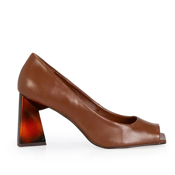 Peep Toe Couro Salto Alto Tortoise Marrom 39