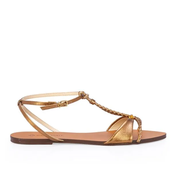 Sandália Rasteira Couro Metalizada Bronze 35