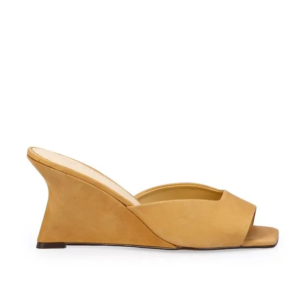 Mule Salto Anabela Couro Nobuck Bege Savana 37