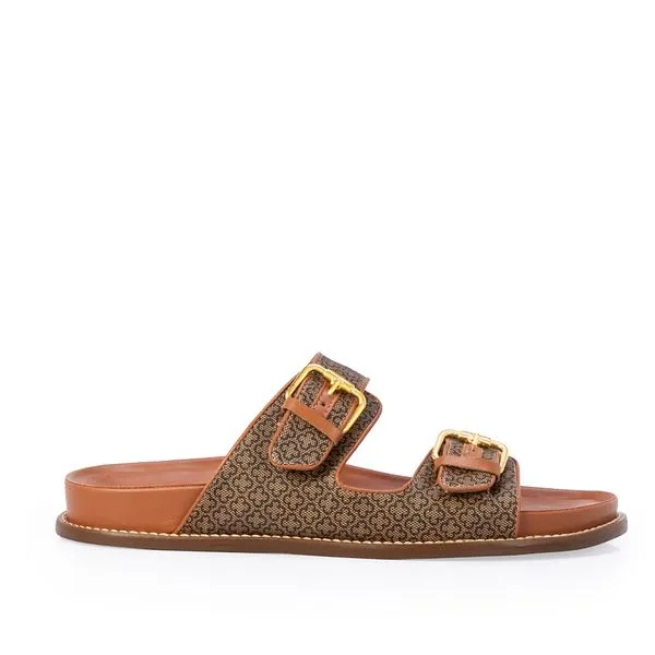 Chinelo Papete de Couro Fivelas Caramelo Monograma 34