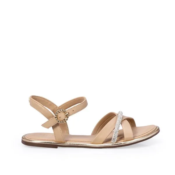 Sandália Infantil Rasteira Nude Seda Strass 30