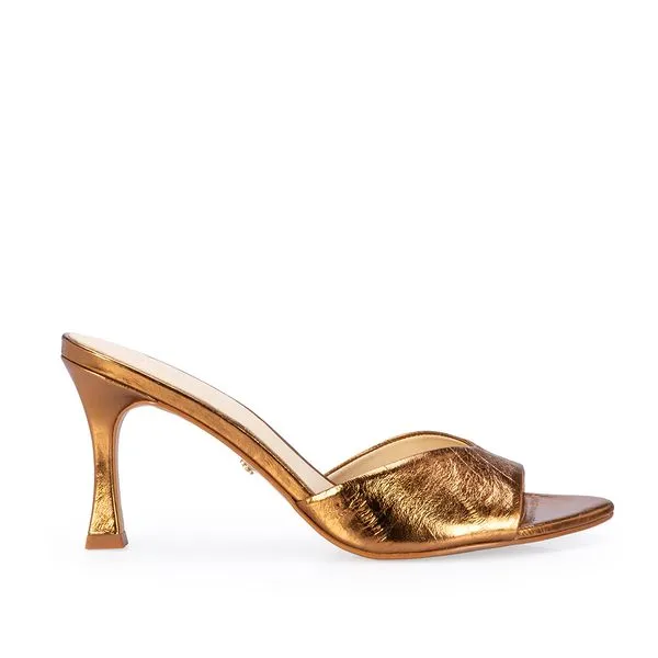 Mule Salto Alto Couro Metalizada Bronze 33