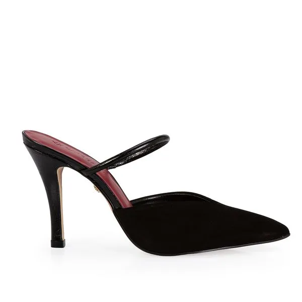Mule Salto Alto Couro Suede Preta 33