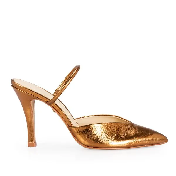 Mule Salto Alto Couro Metalizada Bronze 35