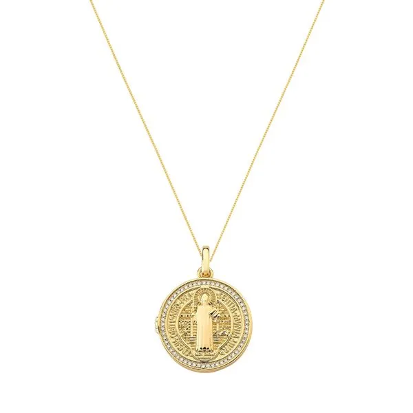 Colar Relicário São Bento banhado em ouro 18k 2,3cm de diâmetro - corrente 45cm + 5cm