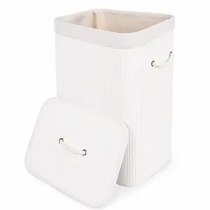 Cesto Roupa Bambu 70 Litros Tampa Lavanderia Banheiro Retangular Branco