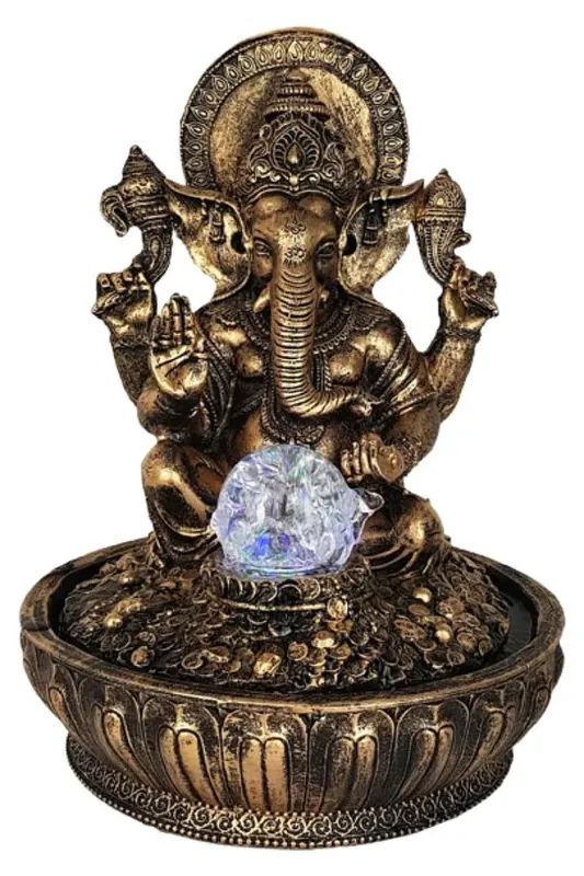 Fonte água ganesha dourada sala quarto jardim luz bombinha