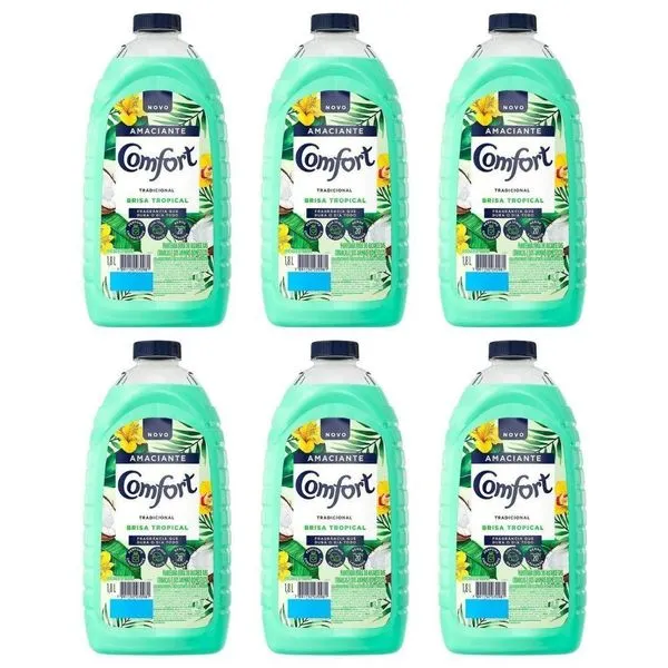 Caixa Com 6 Amaciante Comfort De Roupa Brisa Tropical Com Toque De Coco Frasco 1 8l